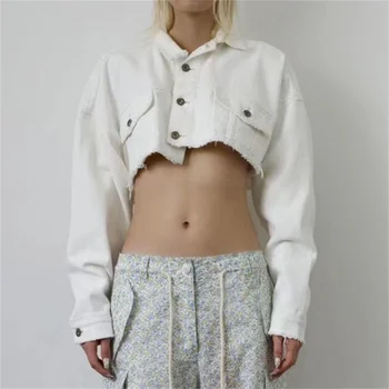 Деним яке за жени, 2023 Лятото ново винтажное выстиранное късо палто с отворен пъпа, висококачествен топ от чист памук, с дълги ръкави, ядрото