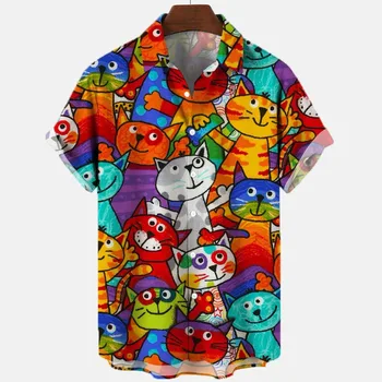 Мъжки летни хавайски ризи с фигура на котка на размера на оверсайз, мъжки дрехи, с графити в стил Камиза с цветен модел, новата поръчка 2023
