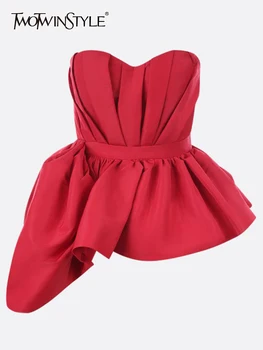 TWOTWINSTYLE минималистичные блузи за жени без презрамки и без ръкави в стил мозайка, жилетка с грешен подолом, дамски модни дрехи 2023