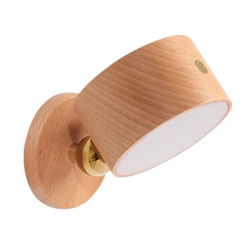 Дървена лампа за четене 3 нива на яркост, Акумулаторна батерия въртящ се на 360 ° топка Регулируема сензорно управление малка странична лампа