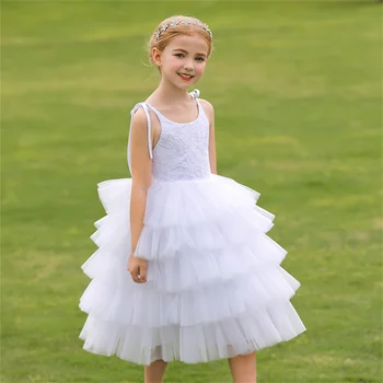 Бели многопластови рокли с цветя модел за момичета, тънки бретельки, бална рокля с отворен гръб за първо причастие, празнична представа, рожден ден