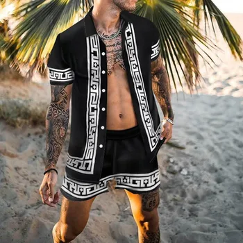 Модерна нова плажна мъжка лятна риза с геометричен принтом, костюми, ежедневни дишаща тениска с къс ръкав, плажни шорти, мъжки комплект