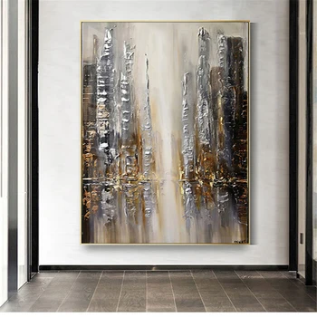 Модерен абстрактен пейзаж ръчно изработени, живопис с маслени бои върху платно, златно, сребърно изображение на хоризонта, стенно изкуство, интериор на офис