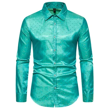 2023 Нова зелена жаккардовая сатен мъжка риза за парти, нощен клуб, сцена, абитуриентски бал, сексуална ризи, модни и ежедневни приталенная блуза с дълъг ръкав Homme