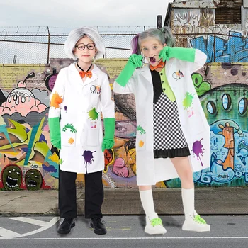 Момчета и момичета Луд учен Детски костюми за cosplay гащеризон костюм на лабораторен изследовател Гащеризон Хелоуин парти Стръмен кралят подпори