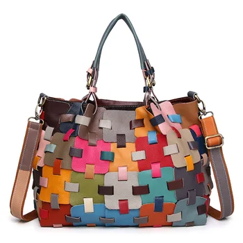 Дамска чанта от естествена кожа, нова воловья кожа, боядисана вязаная чанта на едно рамо, чантата през рамо, кошница за зеленчуци, чанта