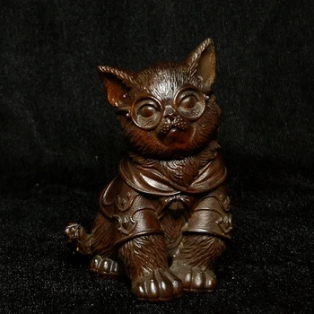 YIZHU CULTUER ART Китайски чемшир ръчно изработени Сладки очила статуетка във формата на котка украса на масата Подарък колекция на H 7,5 см