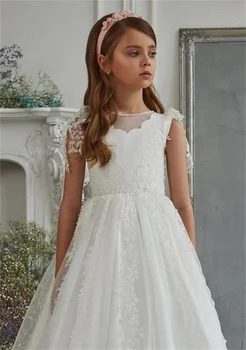 Бяло атласное тюлевое дълго принцеса рокля без ръкави за първата сватба шаферките, рожден ден, прекрасна рокля по поръчка