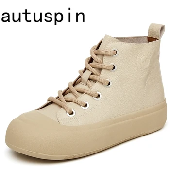 Дамски вулканизированная обувки на равна платформа AUTUSPIN 4 см, градинска модни дамски обувки от естествена кожа с появата на шнур, четырехсезонные маратонки