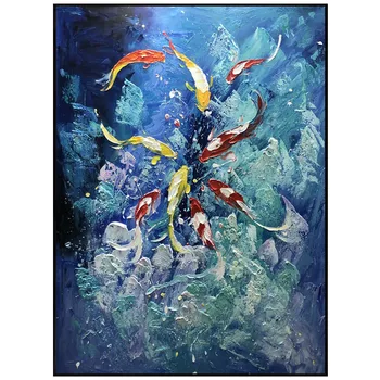 тук повече от девет изображения на риби, чисто ръчно абстрактна живопис с маслени бои с плътна текстура, триизмерна картина с нож
