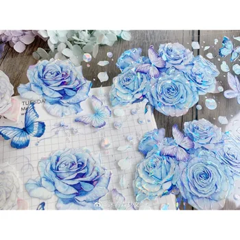 Блестящ колаж от лента с цветен печат синята роза