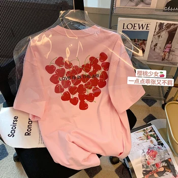 Розов памучен тениска с принтом Череша любов с къс ръкав, дамски Лятна новост 2023, Нишевая Сладка тениска Оверсайз, Y2k, Топ, графични тениски