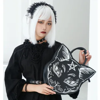 Обърнатият пентаграм във формата на котка, чанта за декорация Хелоуин, дамски косметичка голям капацитет, чанта за през рамо в стил харадзюку, готик пънк