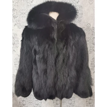 Мъжко палто от лисьего кожа, мъжки кожени палта с качулка, черно яке, най-продаваните топли зимни мъжки къси палта от естествен лисьего кожа