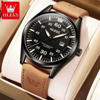 OLEVS 9962 Луксозни бизнес мъжки кварцови часовници с дышащим кожена каишка, цифрови мащаб, календар, водоустойчив мъжки кварцов часовник