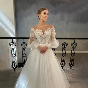 Луксозна сватбена рокля от тюл с деколте сърце, отворени рамене, кружевными апликации, сватбени рокли принцеса, Vestido de Noiva