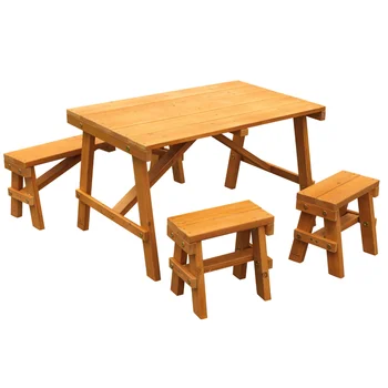 Дървена маса за пикник на открито с три пейки, детски мебели за двор, кехлибарен цвят