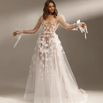 Просвечивающий тюлевый сватбена дреха за една фотосесия, дълги ръкави, флорални апликации, сватбена рокля, булчински наметало, beading, vestido de новия