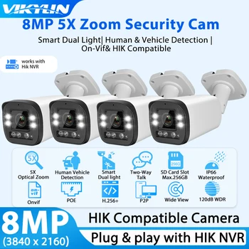 Vikylin 8-МЕГАПИКСЕЛОВА IP Bullet Security Camera 5X Zoom Цветна Нощен Камера за Hikvision, Съвместима с POE SD Audio, Камера за Откриване на човешкото колата ВИДЕОНАБЛЮДЕНИЕ Cam