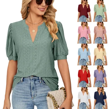 Дамски летни блузи, блузи с V-образно деколте и рюшами, ежедневни блузи с къс ръкав, тениски за жени