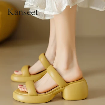 Kanseet/ Лятна дамски обувки 2023 г., Лаконичен Джапанки на платформа от естествена кожа, с отворени пръсти, Дамски ръчно изработени обувки на Висок ток, Размер 40