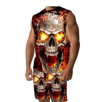Летен мъжки комплект тениски Y2K Cool Skull 3d С принтом на цялото тяло в стил Харадзюку, Всекидневни Модерен Комплект с кръгло деколте, Къс ръкав И Къси панталони на експозиции