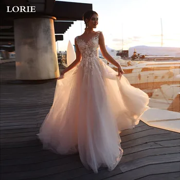 LORIE Beach Сватбени рокли 2019 Трапециевидные дантелени рокли принцеса булка с романтични бутони Сватбени рокли Vestidos de новия