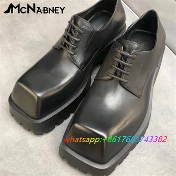 Кожени обувки от масивна обувки с квадратни пръсти, за мъже и жени, модни обувки на равна подметка дантела, нов, луксозен стил, черна кожена обувки