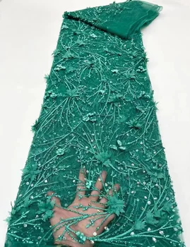 Африканска Нигерийская зелена апликация на Цвете 3D Лейси плат Сватбен френски тюл Луксозни пайети перли Лейси плат от мъниста