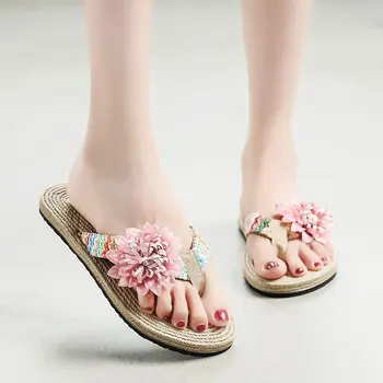 Чехли; дамски летни модни джапанки от полипропиленова тъкан с трева; - маритим нескользящая обувки със скоба за краката; тенденция корея плажни обувки с цветя модел