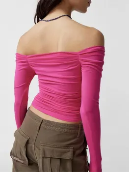 Дамски съкратен върхове с отворени рамене, с дълъг ръкав и рюшами, приталенная секси риза Y2K, градинска облекло