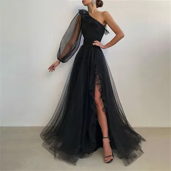 Черни вечерни рокли Очарователно елегантна тюлевое рокля за абитуриентски бал с висока цепка вечерни рокли размер vestidos de noche