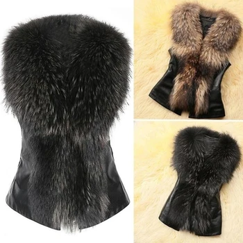 VOLALO Дамско кожено палто от изкуствена кожа 2023, зимно яке, палто, дамски ежедневни жилетка с яка от изкуствена лисьего кожа без ръкави, зимна
