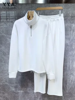 Мъжки пролетен hoody с цип, блузи, панталони с еластична талия, комплект от две части, бяло, черно, всекидневни спортен костюм, джоггеры, подходящи комплекти