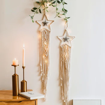 Скандинавски гоблен ръчна изработка от ресни, луна, звезда, креативен, с монтиран на стената лампа, детска спалня, бохо, украса за дома, подаръци