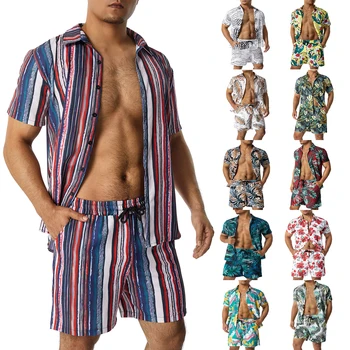 Мъжки хавайски комплекти, 2 броя, ризи с копчета и къс ръкав, къси панталони с принтом, плажни тропически хавайски комплекти, дрехи за почивка на плажа