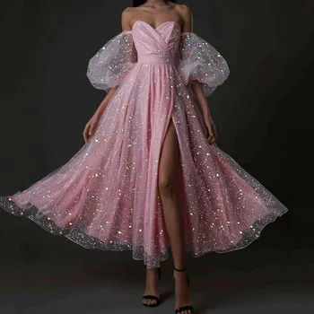 Искрящи розови рокли за абитуриентски бал с къси ръкави и цепка отстрани Вечерни рокли с дължина до чай 2023 Официалната парти с къси пухкави ръкави