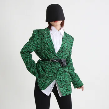 Френски ретро зелен костюм с леопардовым принтом 2023, пролетен женски костюм с дълъг ръкав контрастни принтом, приталенное палто, всекидневни блейзър, офис женски топ