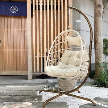 Bobble стол за яйца със стойка, изплетен кош за двор от ратан, висящ стол с монтиране на стена тип C, с възглавница и