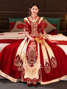 Облекло за наздравици Луксозна булката Чонсам 2023 Нов брак, сватбена рокля в китайски стил, расшитое искри и четки