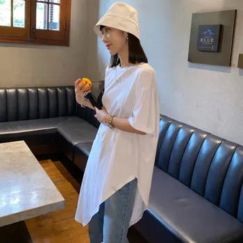 Памучен корея женска тениска с неправилна форма с къс ръкав 2022, летен нова дълга черно-бяла свободен топ
