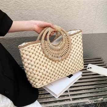 Лятната сламена чанта за жени, тканая чанта ръчен труд впечатлява със своя бохемски стил, по-голямата голям дамска чанта-тоут, плажни чанти за рамо за почивка от ратан