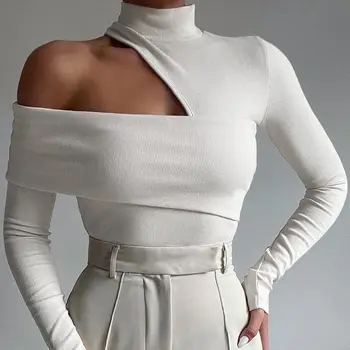 Новата есенна базова риза, черно-бял секси стил INS, модерен топ с едно рамо, с дълги ръкави и високо деколте, тънка жена топ