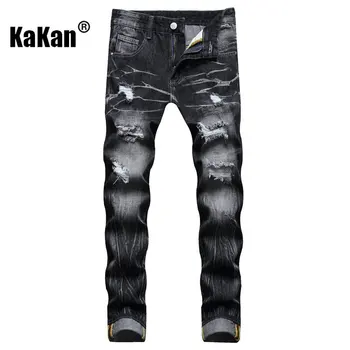 Kakan - Нови мъжки дънки с пирсингом в европейския и американския стил, Хит на Продажбите, Директен Черни Дълги дънки K44-9238