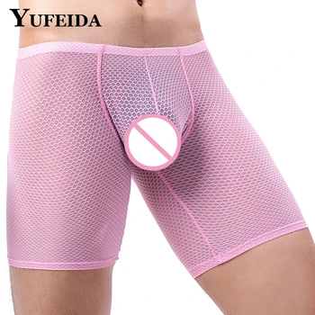 YUFEIDA, мъжки мрежести, прозрачни боксерки, секси мрежести, прозрачни панталони, дълги крака, бански, бельо, мъжки U-изпъкнали боксерки-торбички, пликчета