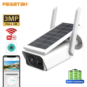 Слънчево помещение PEGATAH, 3-мегапикселова IP камера с захранването от батерията, градинска безжична водоустойчив IP66 PIR камера за видеонаблюдение