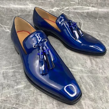 Сини ярки кожени обувки, мъжки лоферы с пискюли, луксозни мъжки модел обувки от лачена кожа, летни дизайнерски обувки на равна подметка, бизнес ежедневни обувки