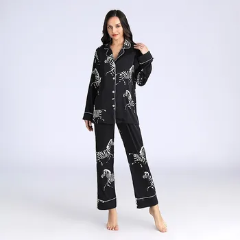 Новата пролетно-лятна тънка пижама от коприна с дълъг ръкав, лека луксозна ежедневни дамски домашно облекло от ледената коприна, жилетка, пижамный комплект