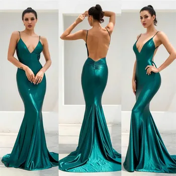 Секси зелена вечерна рокля Русалка с V-образно деколте, дълъг за жени, 2023, на тънки спагети презрамки, сатенени вечерни рокли за абитуриентски бал, Vestidos De Noche с отворен гръб