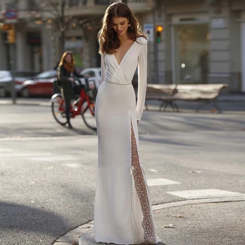 Модерна сватбена рокля Ramanda с V-образно деколте и цепка отстрани за жени 2023, с дълги ръкави и отворена гръб, просто рокля-русалка от ликра, Vestido De Новия